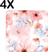 BWK Luxe Placemat - Roze Bloemen in Bloei - Getekend - Set van 4 Placemats - 40x40 cm - 2 mm dik Vinyl - Anti Slip - Afneembaar
