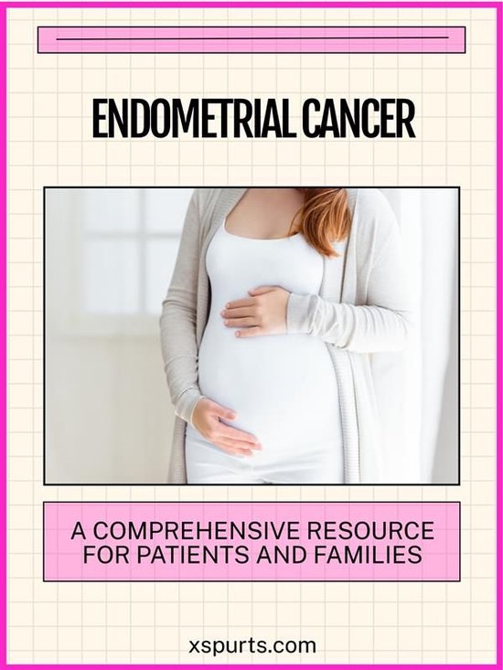 Zwanger persoon in wit shirt en vest met tekst 'Endometrial cancer: een uitgebreide bron voor patiënten en families'.