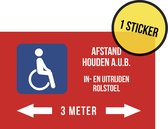 Pictogram/ sticker | "Afstand houden a.u.b. - In- en uitrijden rolstoel - 3 meter" | 25 x 15 cm | Gehandicapt | Invalide | Rolstoelgebruiker | Rolstoelvriendelijk | Nederlands | Invaliditeit | Autosticker | Rood | 1 stuk