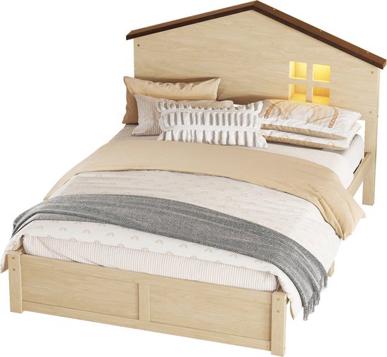 Merax 140*200cm hausförmiges Kinderbett, flaches Bett, kleine Fensterdekoration, LED-Nachtlicht, Massivholz, Natur