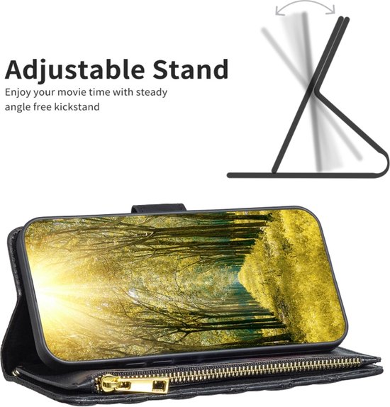 Samsung Galaxy A35 - Portefeuille avec fermeture éclair - book case cover - espace pour 9 cartes - diamant noir