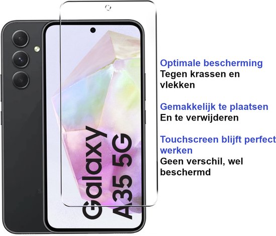 Zwarte Samsung A35 5G met screenprotector. Optimale bescherming tegen krassen. Touchscreen werkt perfect.
