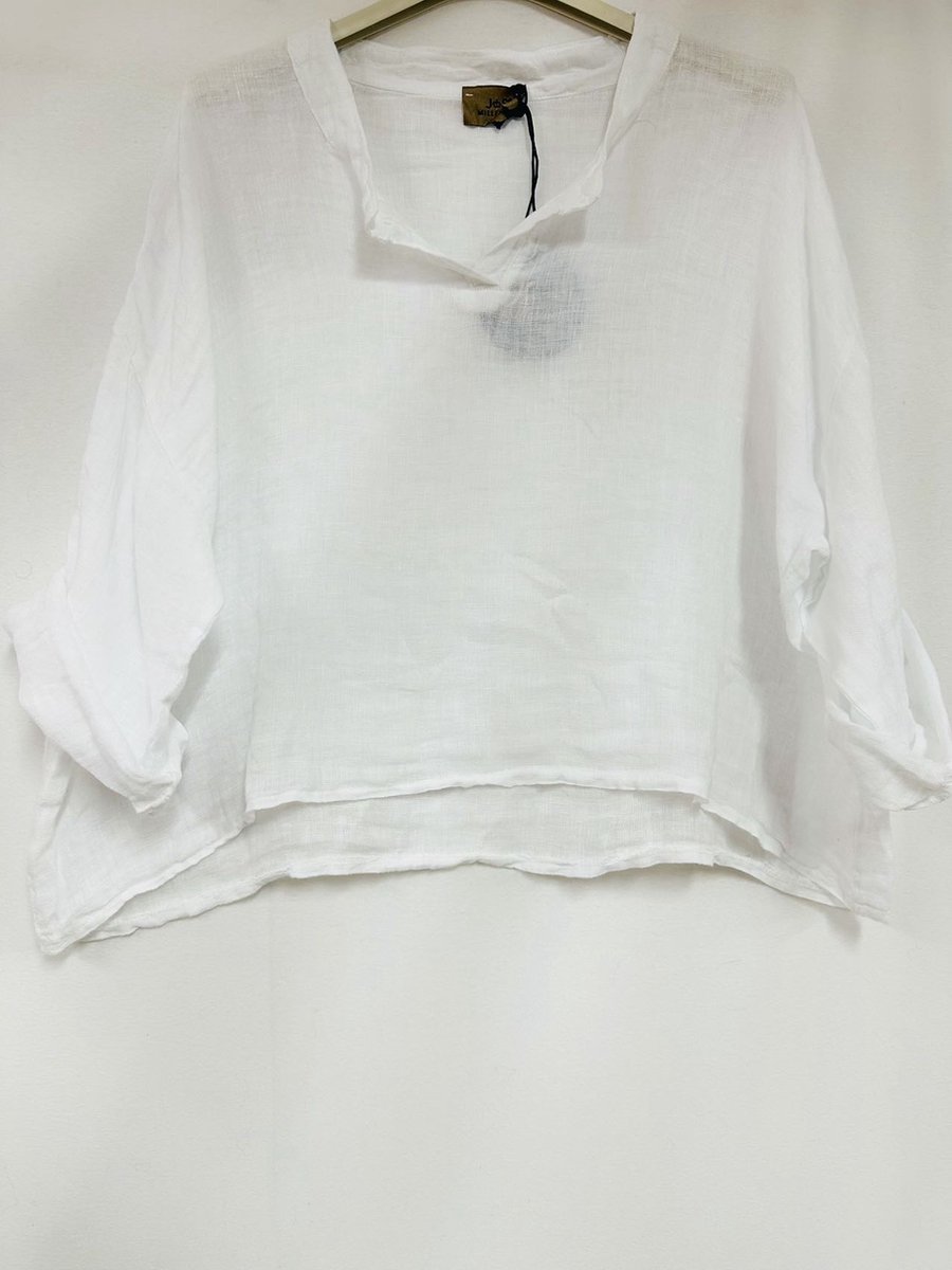 Mooi linnen korte - cropped top - v-hals hals - kraagje - raglan mouwen kleur WIT - one size