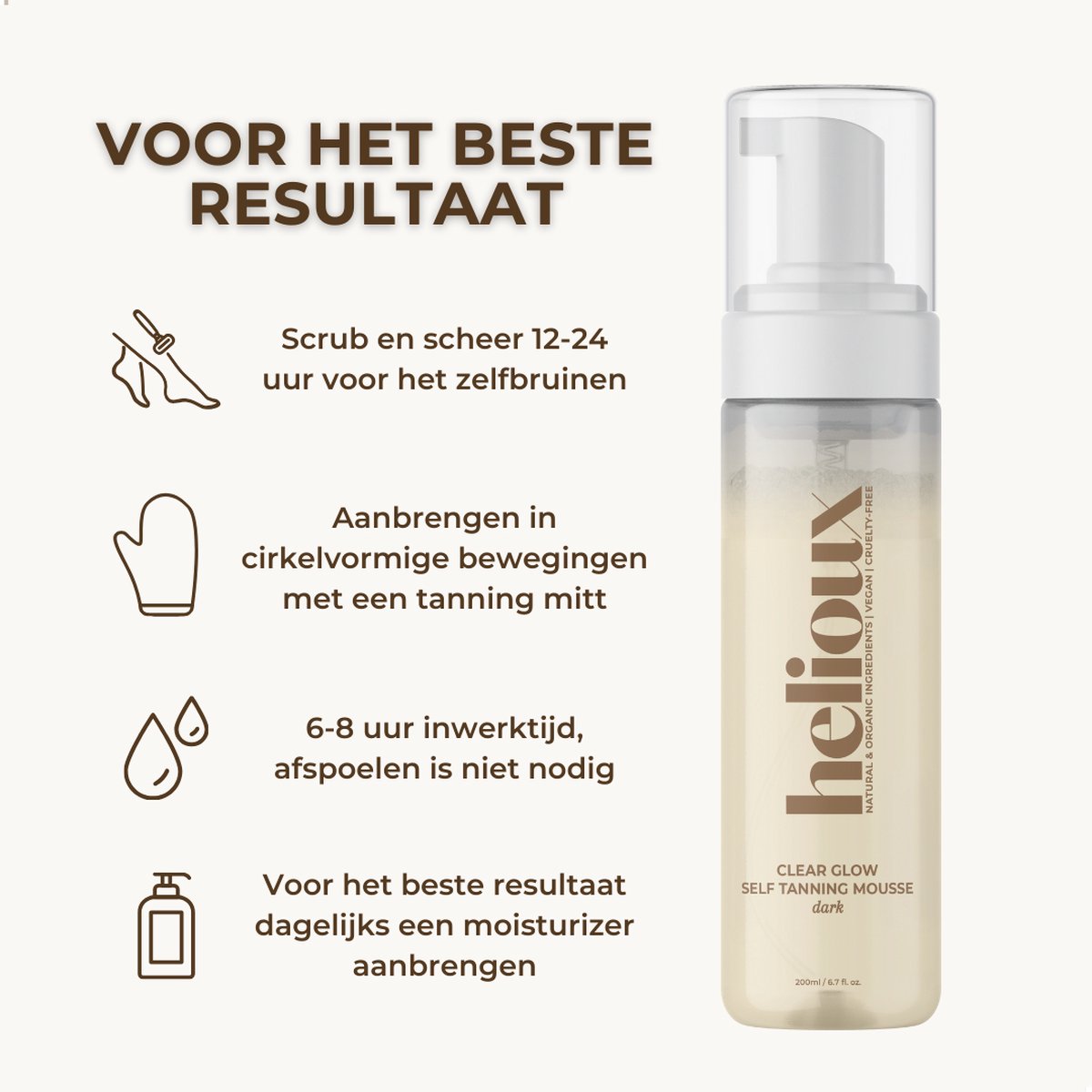 Helioux® Zelfbruiner Mousse Clear Glow Dark - Self Tanning Mousse voor Lichaam & Gezicht Donker - Volledig Transparant - Zero Transfer - Vegan & Dierproefvrij - Natuurlijke Ingrediënten – foto 4