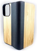 Houten design flip case, iPhone 15 Pro Max – Bamboe met zwart leer
