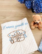 White-blue baby blanket with bears and a dedication embroidered