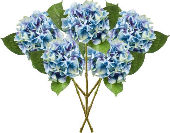 Emerald Kunstbloem hortensia tak - 5x - Challenge - 47 cm - blauw - kunst zijdebloem - Hydrangea