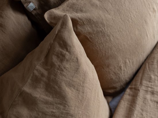 Linen Label - Taie d'oreiller en lin lavé durable 100% européen 60 x 70 cm - Marron chameau