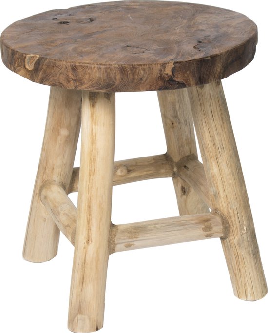 Mega Collections Bijzet tafeltje/plantenpot verhoger - teak hout - lichtbruin - D40 x H42 cm - Voor buiten/binnen