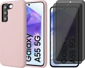 Hoesje geschikt voor Samsung Galaxy A55 - 2x Privacy Screenprotector Volledig Dekkend Glas - Mat Back Case Roze