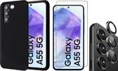 Hoesje geschikt voor Samsung Galaxy A55 - Screenprotector Glas & Camera Protector - Mat Back Case Zwart