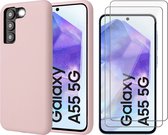 Hoesje geschikt voor Samsung Galaxy A55 - 2x Screenprotector Glas - Mat Back Case Roze
