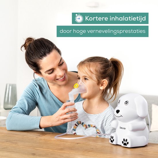 Moeder en dochter, die lachend naar elkaar kijken, terwijl het meisje de inhalator gebruikt. Witte hond inhalator ernaast. Tekst: Kortere inhalatietijd door hoge vernevelingsprestaties.