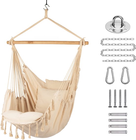 JAXY Hangstoel - Voor Binnen en Buiten - Inclusief Ophangsysteem - Hangnest - tot 150 kg - Incl. 2 Kussens en Boekenvak - Beige