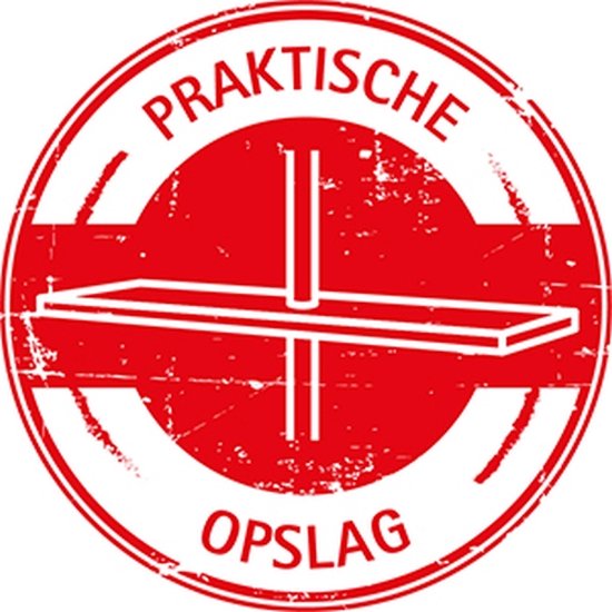 Cachet rouge avec le texte 'PRAKTISCHE OPSLAG' et une image d'une étagère avec un poteau.