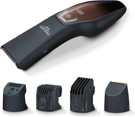 Beurer HR 4000 Baardtrimmer - 4 Opzetstukken - RVS mesje titanium coating - 10 Lengtes 1-27 mm - - Snelladen 60 min. - Spatwaterdicht - LED display - Draadloos 60 min./netvoeding - Incl. adapter/borstel/olie/opbergzakje - 3 Jaar garantie