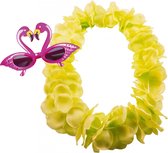 Tropische Hawaii party verkleed accessoires set - Flamingos zonnebril - bloemenkrans fluor geel - voor dames