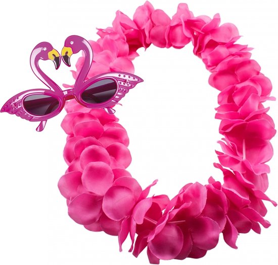 Tropische Hawaii party verkleed accessoires set - Flamingos zonnebril - bloemenkrans fuchsia roze - voor dames