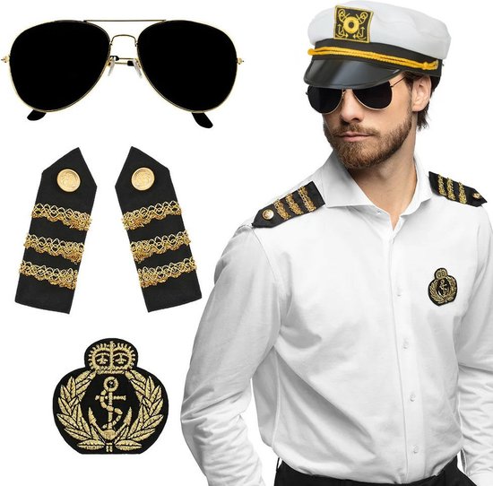 Carnaval verkleed set - kapiteinspet - wit - met epauletten/badge/zonnebril - heren/dames