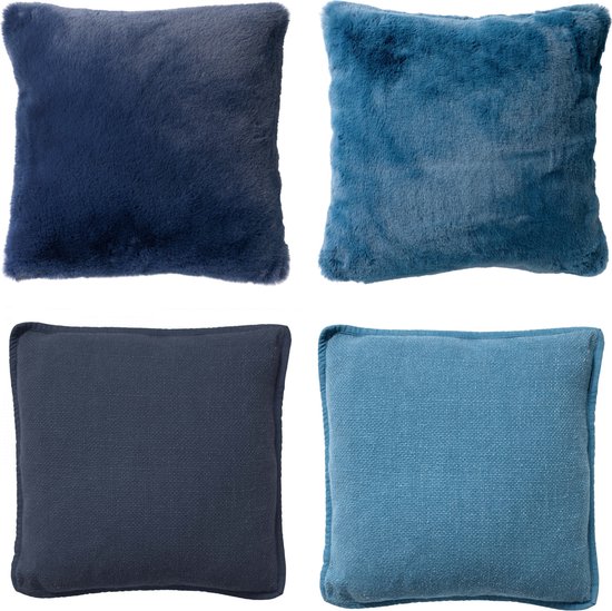 Dutch Decor - Set de 4 coussins décoratifs - Essentials - bleu foncé - bleu clair - 45x45 cm - avec coussins intérieurs - velours - aspect fourrure