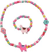 Fako Bijoux® - Kinderketting en Armband - Hout - Lama & Bloemetjes