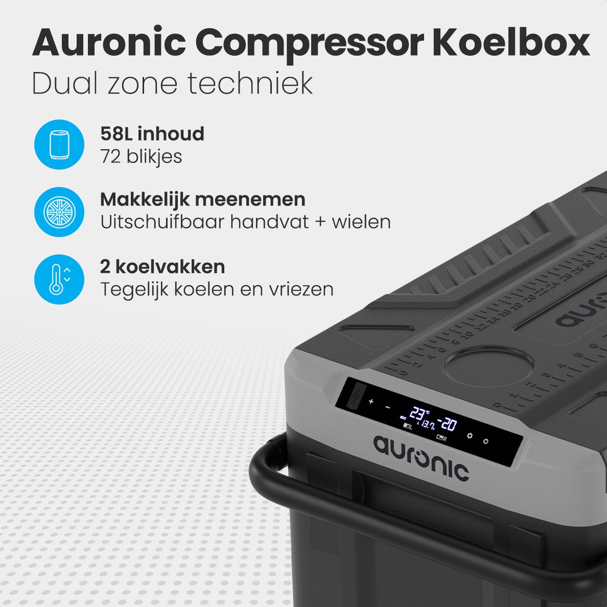 Auronic Compressor Koelbox Elektrisch 12V en 230 volt - Camping Koelkast - Auto - Vriezen en Koelen - 58L - Frigobox - Grijs — afbeelding 2