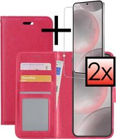 Hoes Geschikt voor Samsung S24 Hoesje Book Case Hoes Flip Cover Wallet Bookcase Met 2x Screenprotector - Donkerroze.