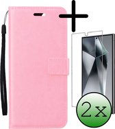 Hoes Geschikt voor Samsung S24 Ultra Hoesje Bookcase Hoes Flip Case Book Cover Met 2x Screenprotector - Hoesje Geschikt voor Samsung Galaxy S24 Ultra Hoes Book Case Hoesje - Lichtroze.