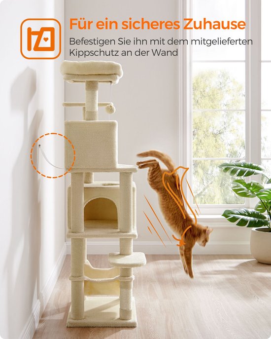 Feandrea Grote krabpaal, kattentoren 175 cm hoog, meerdere niveaus, met 2 holtes, 2 manden, 5 krabpalen, vrijstaande verzorging, zitstok, hangmat, crèmewit PCT182W02