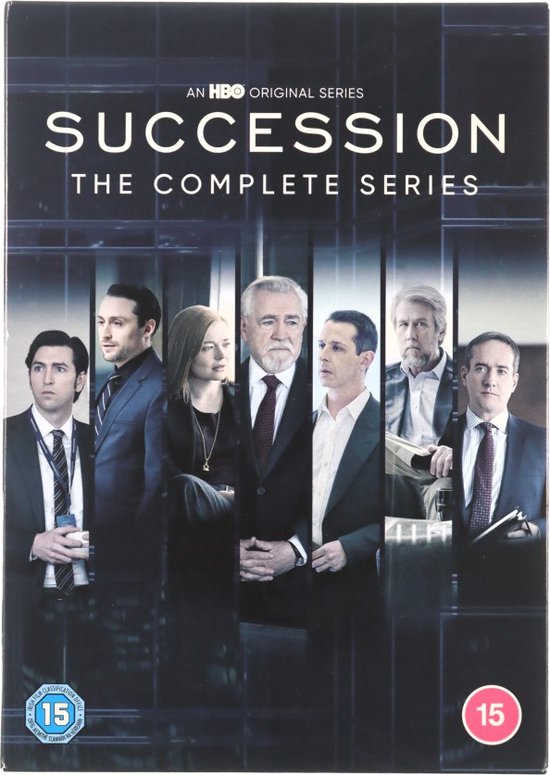 Succession The Complete Series DVD met een collage van de castleden tegen een achtergrond van glazen panelen.
