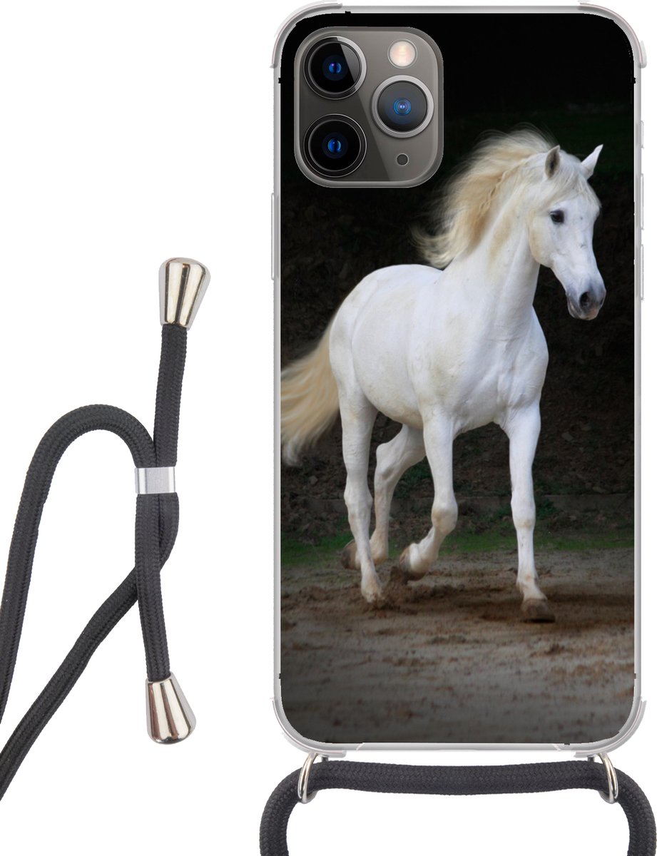 Telefoonhoesje Geschikt voor iPhone 12 pro crossbody - Paarden - Zand - Donker - Siliconen - Crossbody - Backcover met Koord - Telefoonhoesje met koord - Hoesje met touw Telefoonhoesje
