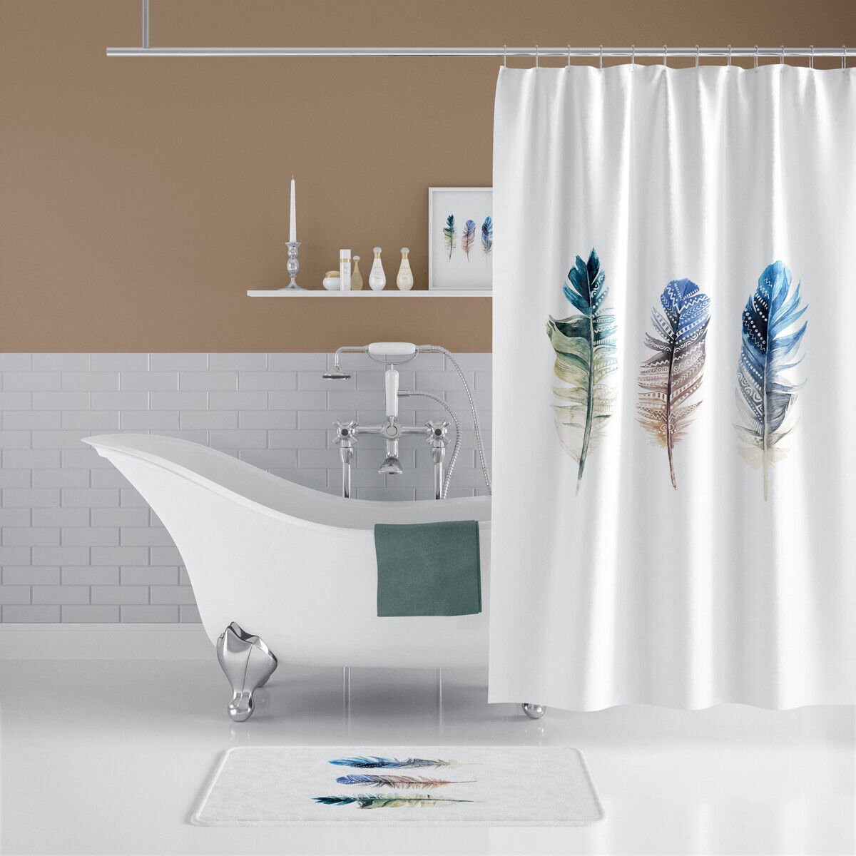 Casabueno Plume - Douchegordijn 180x200 cm - Digitale Print - Polyester - Waterdicht - Anti Schimmel - Wasbaar - Wit
