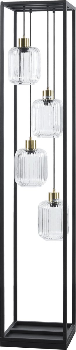 Vloerlamp Canyon - Luxe staande lamp - 4 glazen lampenkappen - Zwart metaal