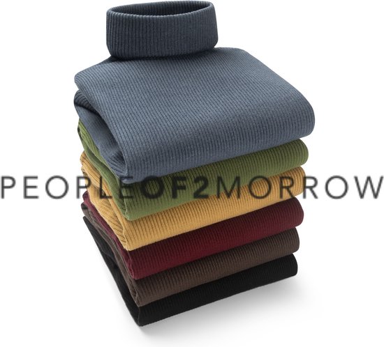 Stapel van zes coltruien in verschillende kleuren: grijs, groen, geel, bordeaux, bruin en zwart.
