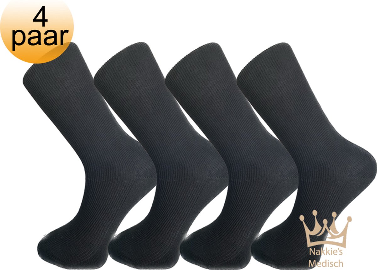 Nakkie's Medische sokken | 100% katoen | Anti bacterieel | Zwart | Maat 39/42 | 4 paar | Sokken voor diabeten | Anti bacterieel | Sokken zonder elastiek | Naadloos