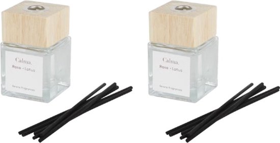 Luxe Geurverspreider WOODEN CUBE - ' Rose / Lotus ' Glas / Hout - 50 ml - Set van 2 - Geurstokjes / Diffuser met houten dop Serene Fragrance