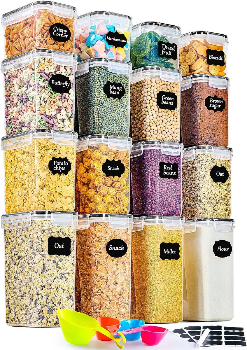 Merkloos Voorraaddoos 16-delige set luchtdichte keukenorganizer van kunststof met deksel geschikt om muesli meel koffiebonen cornflakes e.d. in te bewaren formaat: 2 l 1 4 l 0 8 l