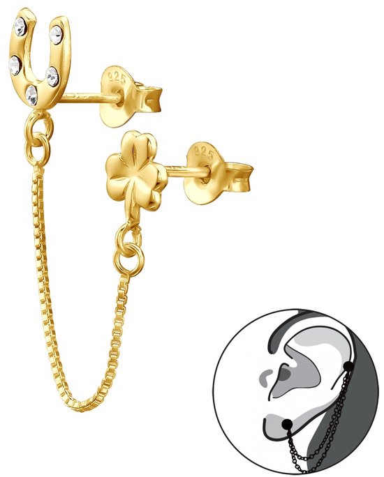Joy|S - Zilveren hoefijzer klavertje vier oorbel - ear jacket met kettinkje - kristal - 14k goudplating