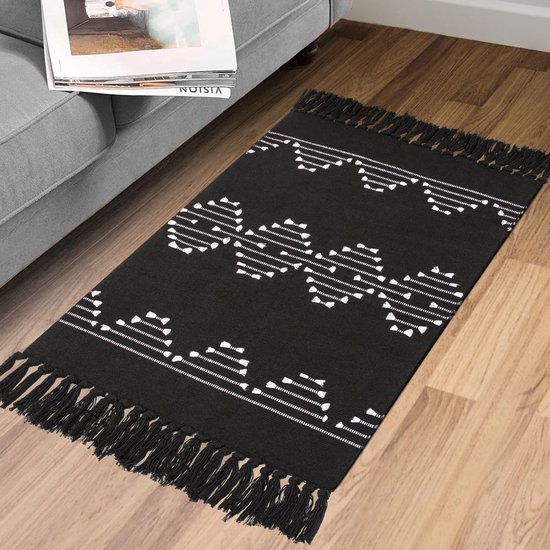 JaeMoose Katoenen tapijt, getuft katoenen tapijt, wasbaar, retro vloerkleed met kwastjes, Marokkaans, boho-tapijten voor woonkamer, slaapkamer, voordeur (wit, 60 x 90 cm