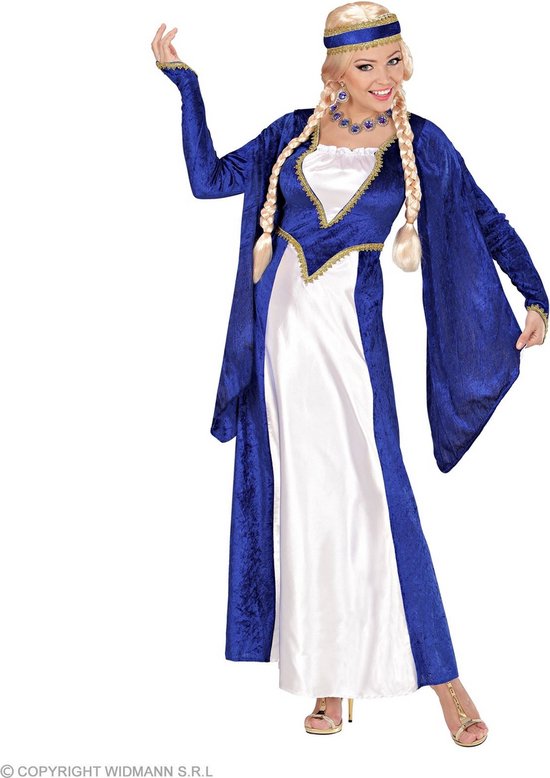 Widmann - Middeleeuwen & Renaissance Kostuum - Marie Cecile Middeleeuwse Koningin Van Het Winterfort - Vrouw - Blauw, Wit / Beige - XL - Carnavalskleding - Verkleedkleding
