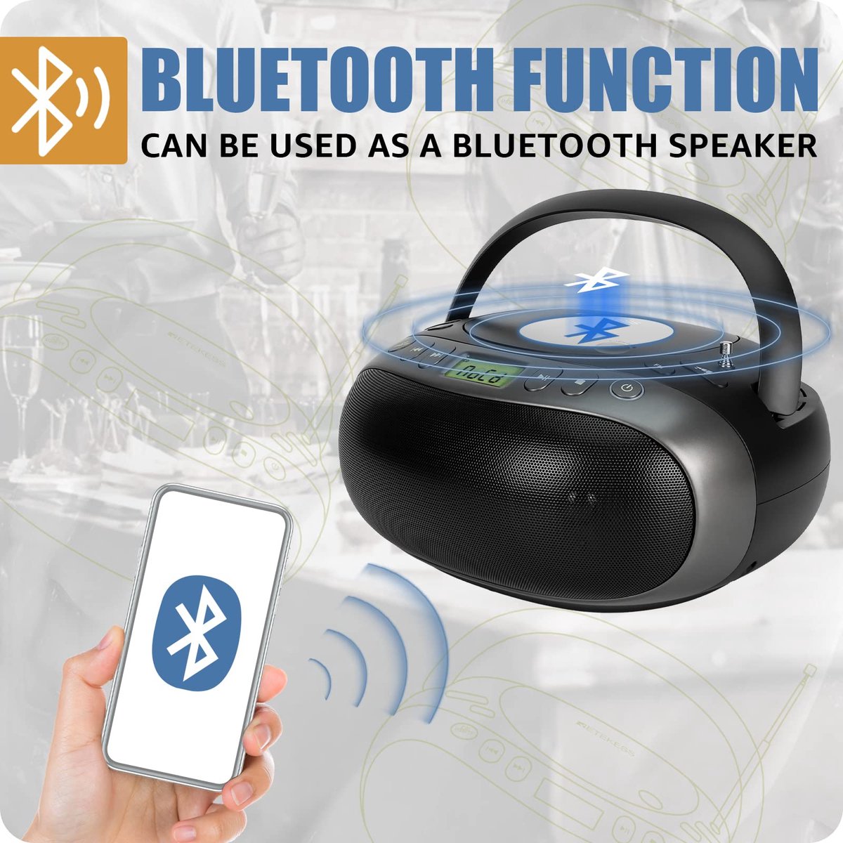 Beroli - Retekess TR634 - Draagbare CD Speler - Bluetooth Radio FM - Stereo Boombox - Afstandsbediening - Digitaal Display - Geschikt voor Ouderen (Zwart)