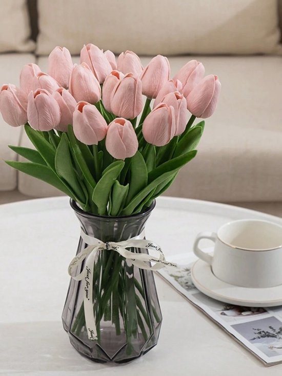 Real Touch Tulips - Lichtroze - Real Touch Tulpen - Light Pink - Tulpen - Kunstbloemen - Kunst Tulpen - Kunst Boeket - Tulp - 36 CM - Zijden Bloemen - Latex Bloem - Bruiloft - Voorjaar - Lente