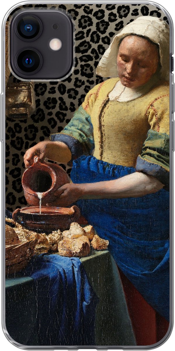 Telefoonhoesje Geschikt voor iPhone 12 mini hoesje - Melkmeisje - Kunst - Panterprint - Vermeer - Schilderij - Oude meesters - Siliconen Telefoonhoesje Telefoonhoesje