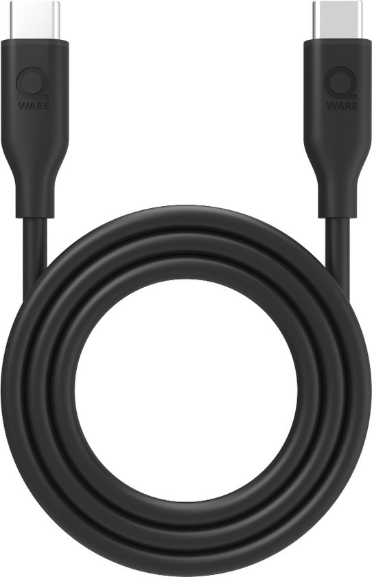 Qware - USB C to USB C - Kabel - Cable - Fast charge - Snel laden - 1 meter - Siliconen - Knoop vrij - Extra flexibel - Zwart