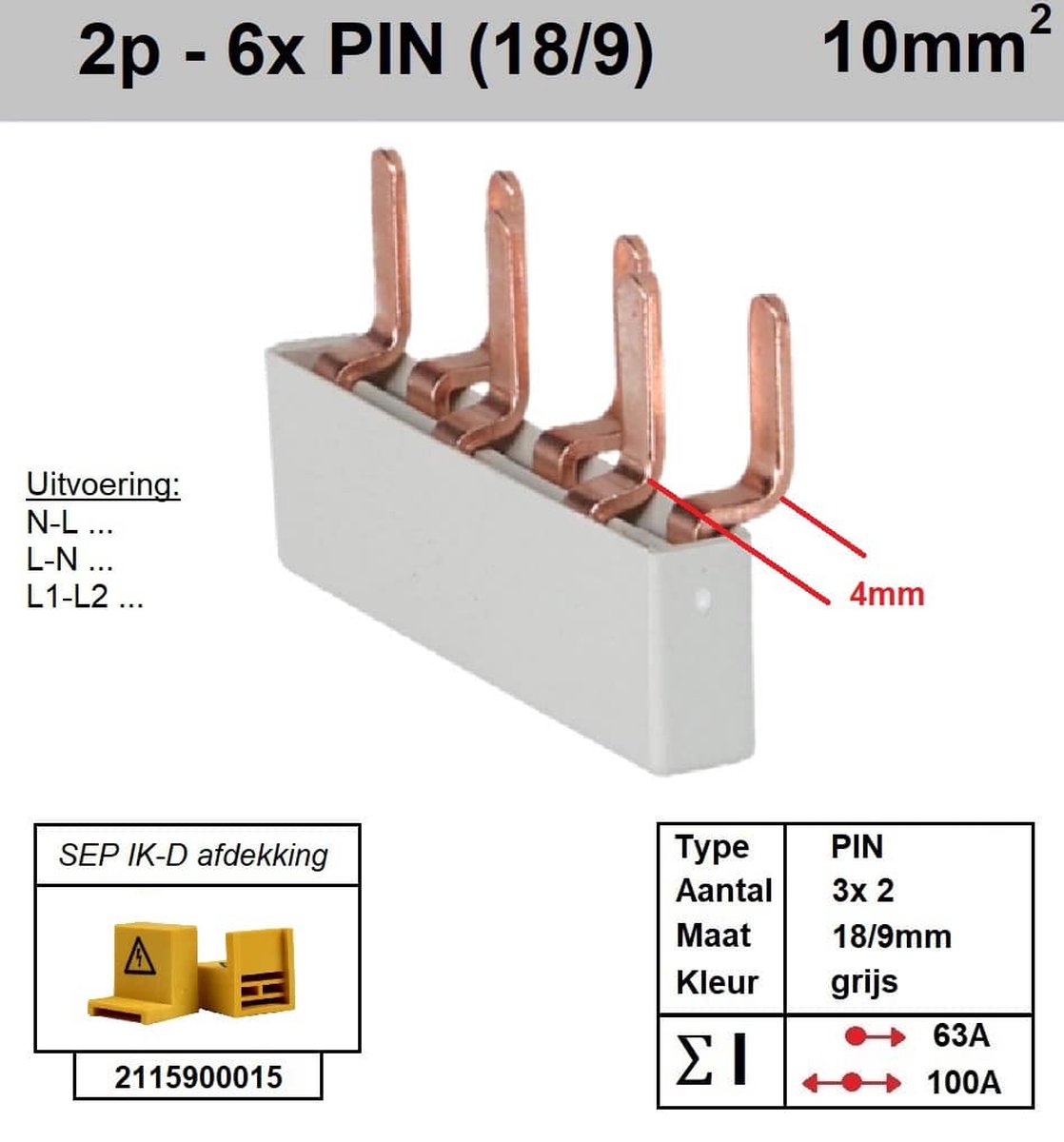 Sep kam pin 2 fase 6 polig 9mm offset 5 mm grijs