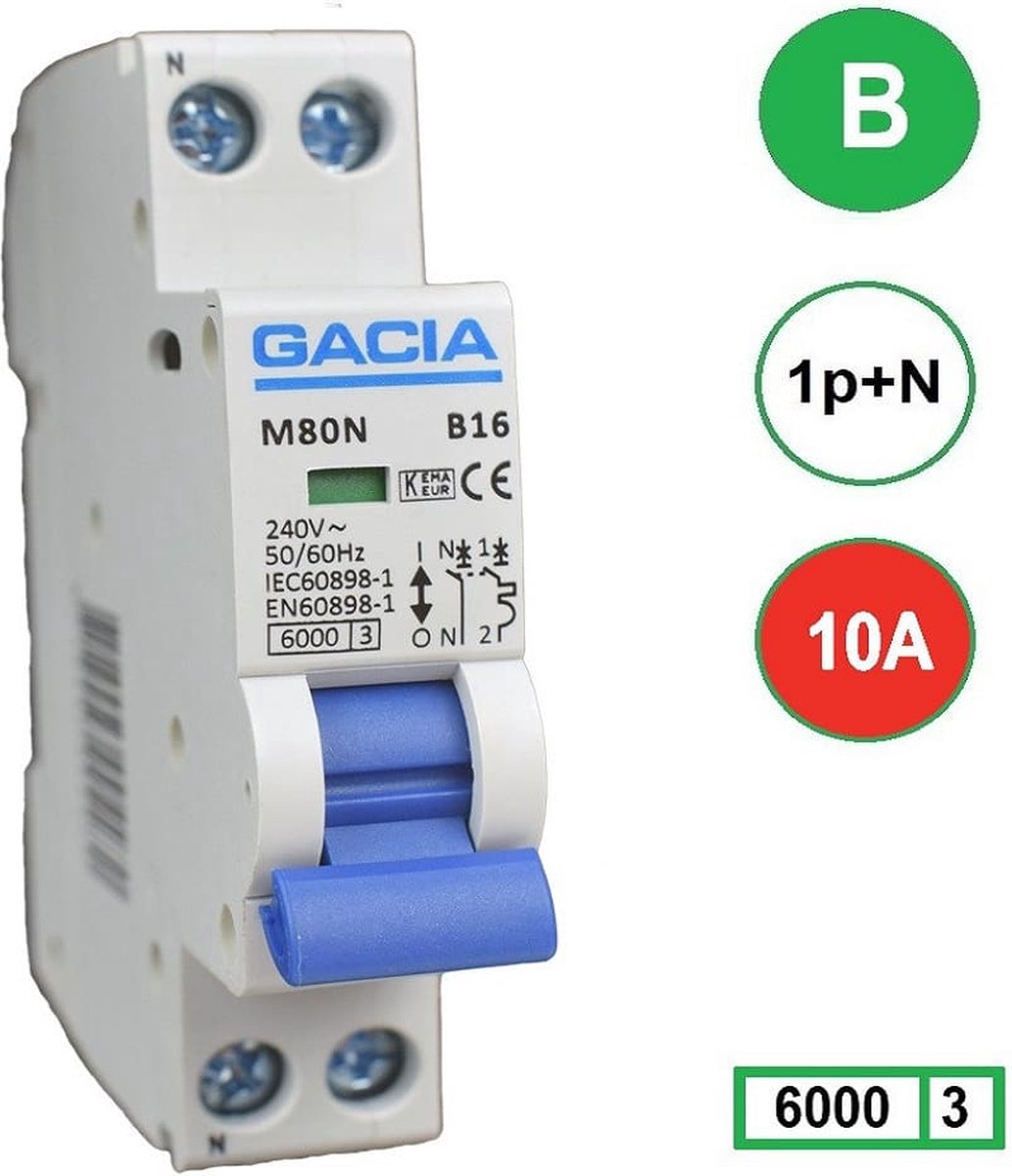 Gacia installatieautomaat 1P+N B10 6KA - M80N-B10