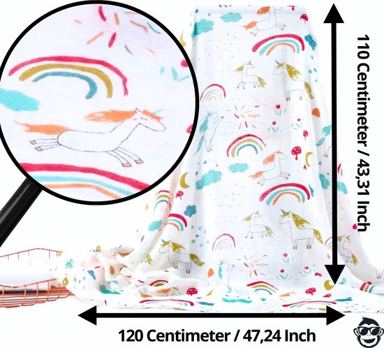 BoefieBoef XL Hydrofiele Doek 120x110cm - Zachte Bamboe Swaddle, Inbakerdoek, Mousseline Doek voor Baby's en Newborns 0 tot 12 maanden - Regenboog Eenhoorn - Dubbellaags, Ademend en Absorberend - Kerst en KraamCadeau - - Duurzaam - Babydeken - Wit van BoefieBoef — afbeelding 3