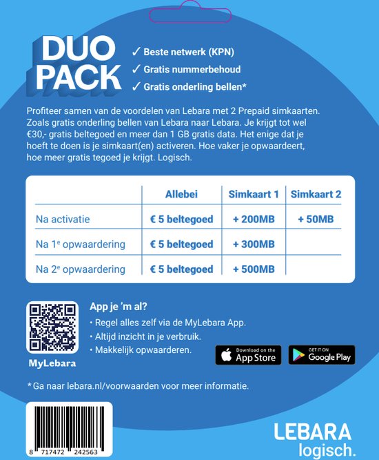 2x prepaid simkaart inclusief €5 beltegoed KPN netwerk Lebara bundelpakket bol