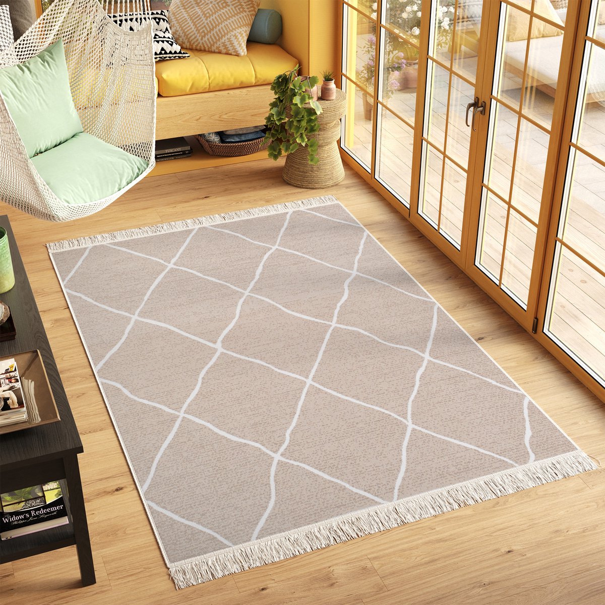 Tapiso Azteca Vloerkleed Beige Franjes Katoenen Dubbelzijdig Tapijt Maat- 120x170 Beige Lijnen