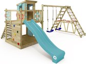 WICKEY speeltoestel klimtoestel Smart Surf met schommel & pastelblauwe glijbaan, outdoor klimtoren voor kinderen met zandbak, ladder & speelaccessoires voor de tuin
